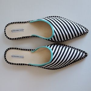 Extra-Fine Sugar Black White Striped Espadrille Flat Mules, 10